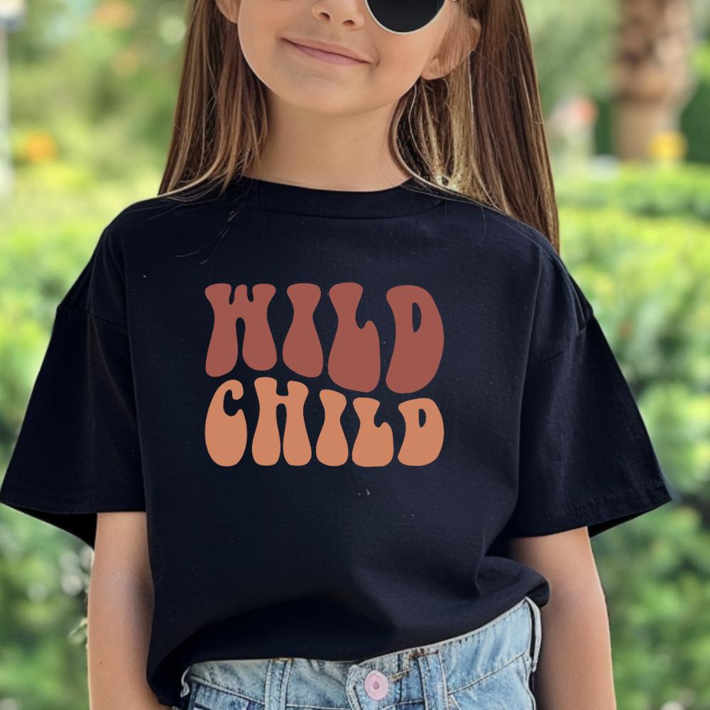 Wild Child slogan retro flower kids Tshirt cotton toddler girl boy cute kids tshirt