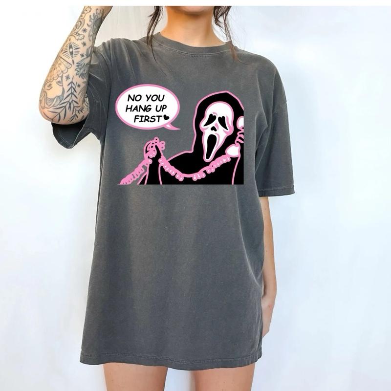 No you hang up ghost v2 Halloween horror movie funny adult tshirt Womenswear graphic  tee autumn