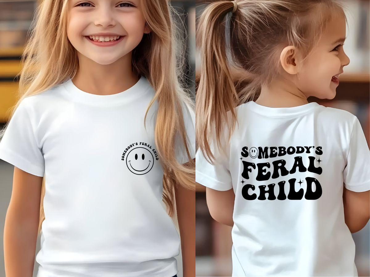 Retro somebody's feral child smiley funny slogan kids unisex Tshirt cotton toddler boy girl cute