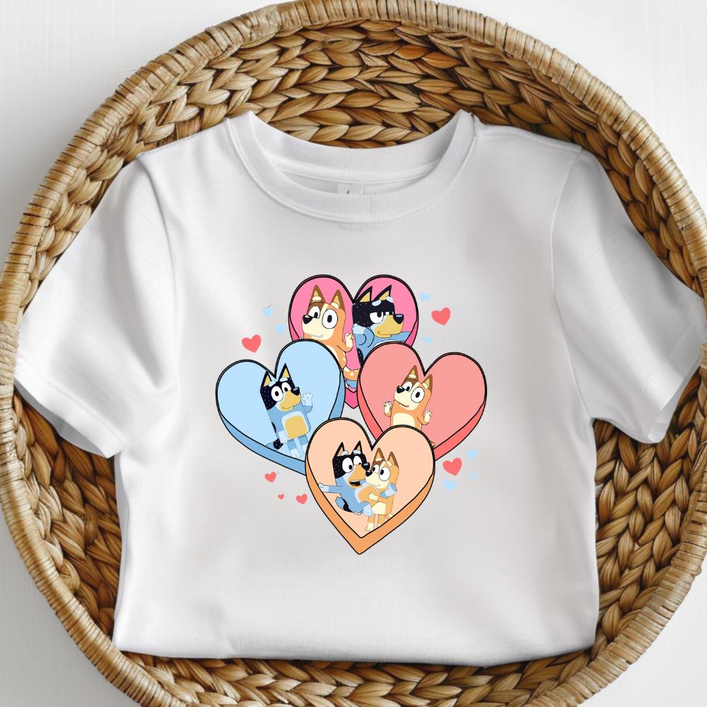 Bluey valentines day heart chilli and bandit kids unisex Tshirt cotton toddler boy girl cute