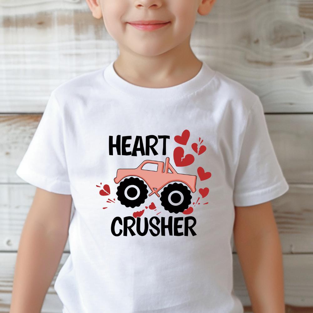 heart crusher truck valentines kids t-shirt  cotton toddler  boy tee