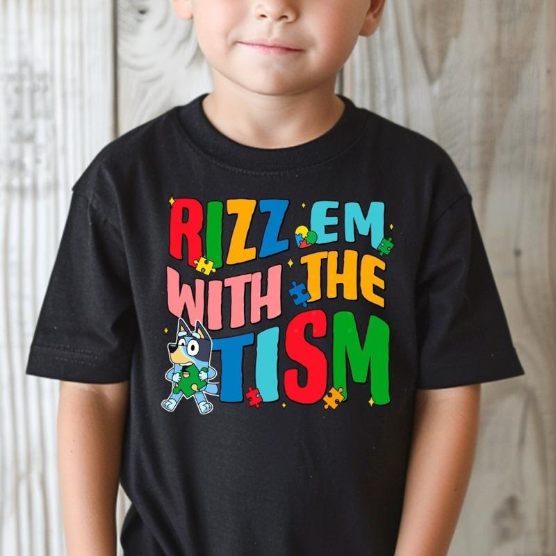 bluey autism  rizz em to the tism kids tshirt  slogan cute awareness blue dog