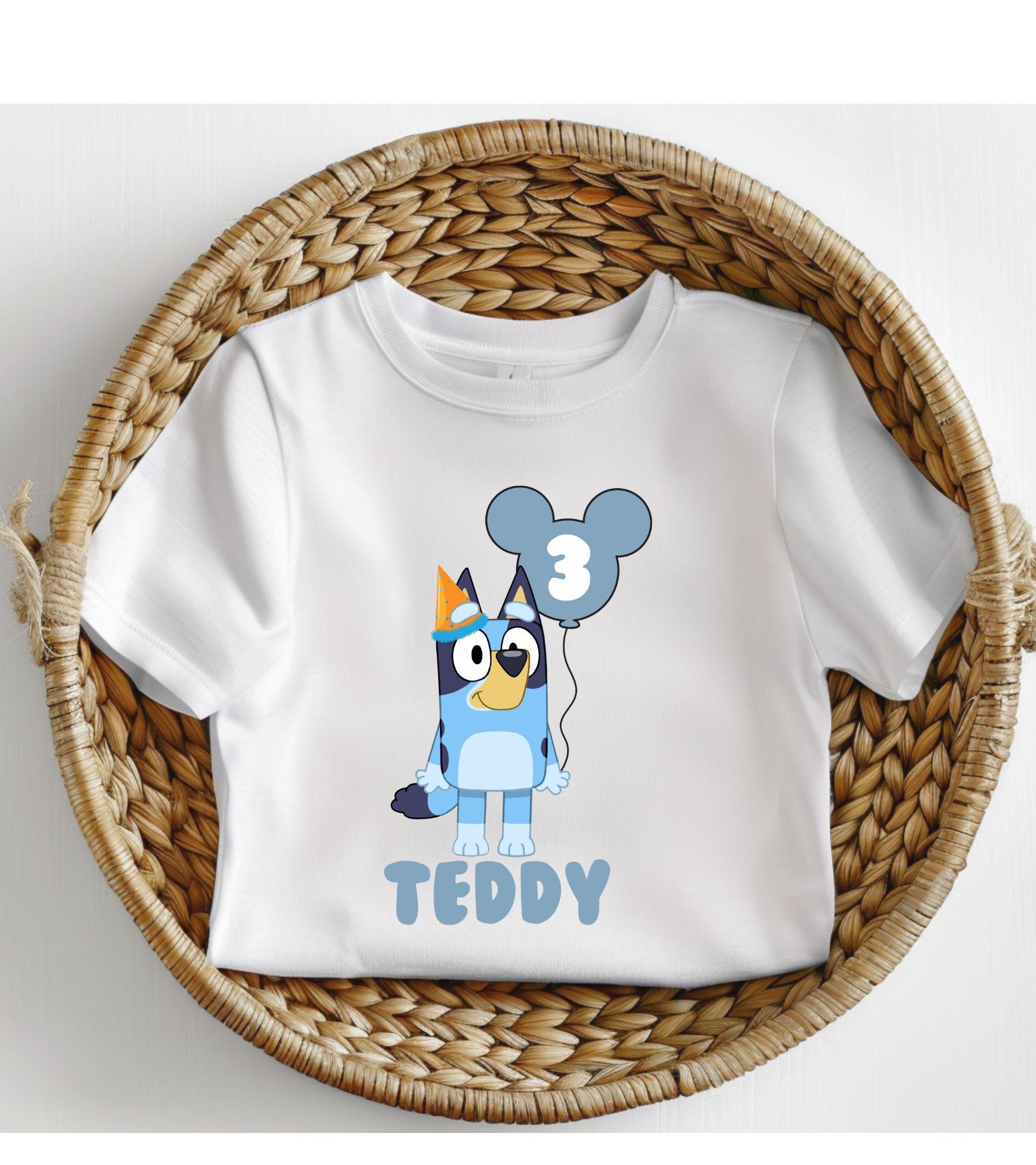 Personalised Bluey birthday Balloon celebration milestone kids Tshirt cotton toddler boy cute custom