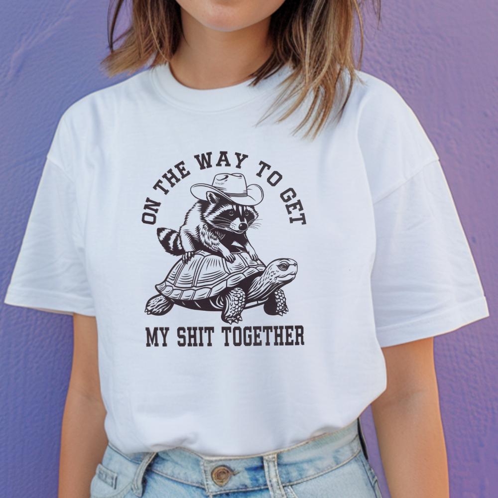 Unisex Graphic Tee - Racoon riding tortoise on the way to get my shit together - Gildan Heavyweight Cotton - Top T-shirt funny slogan humour oversized tshirt women's shirts clothes