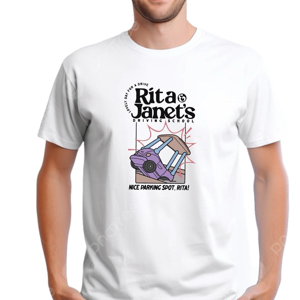 Rita and Janet’s Unisex driving school design T-Shirt Nice parking spot Rita Womenswear menswear Cotton graphic  tee tees