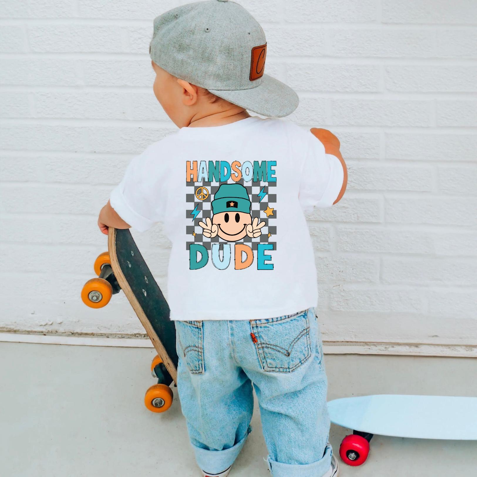 handsome dude checkboard  cute funny slogan kids unisex Tshirt cotton toddler boy clothes for