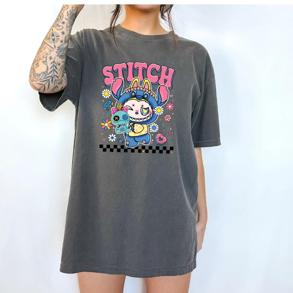 stitch labubu T-Shirt gift inspired Womenswear Cotton Top Tshirt Crewneck graphic  tee tees women's shirts Casual Everyday Fashion Piece Style