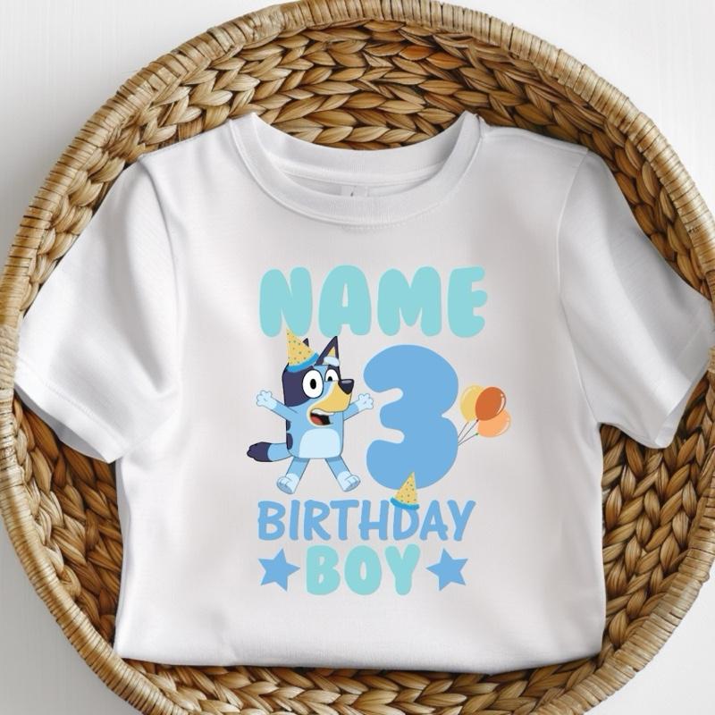 Bluey birthday boy customisable personalised name and age celebration milestone kids Tshirt cotton toddler boy cute