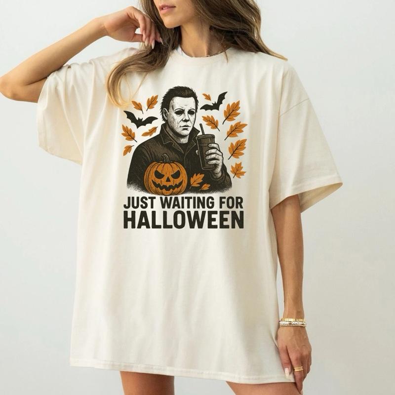 Just waiting for Halloween movie funny adult tshirt Womenswear graphic  tee autumn