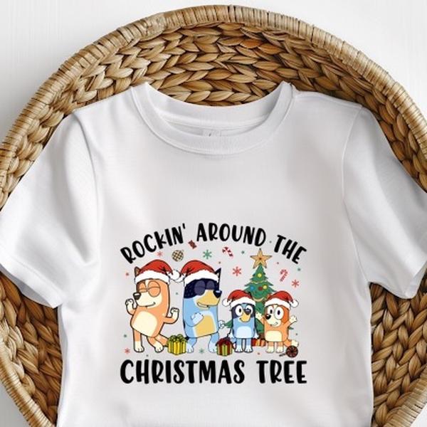 Kids Bluey Christmas T-Shirt with Rocking Around the Christmas Tree Design