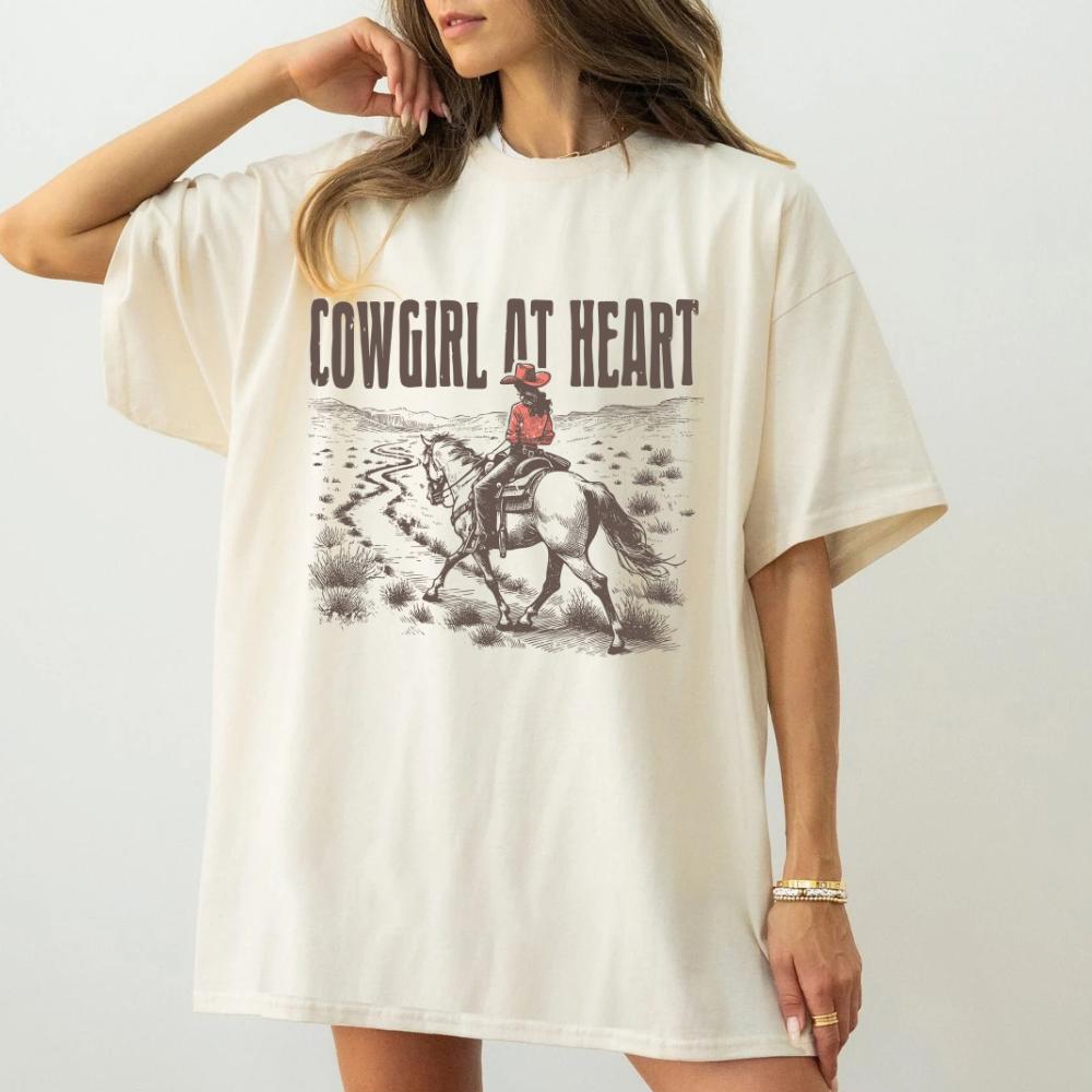 cowgirl at heart country cute text funny Top Womenswear Tshirt graphic  tee  women's shirts teeshirt rude  tops slogan  shirt