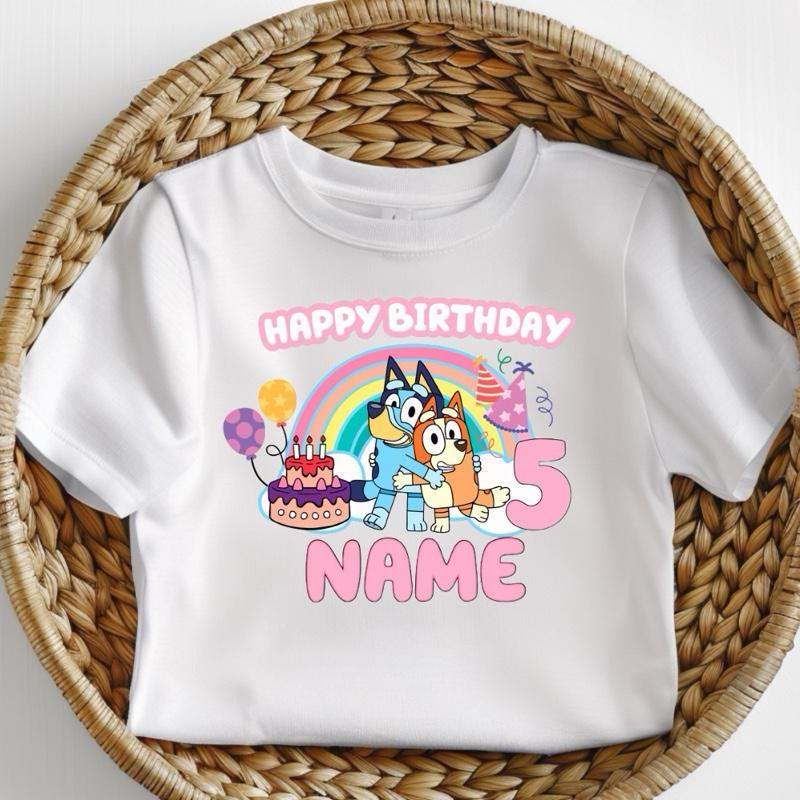 Bluey birthday girl customised personalised name and number celebration milestone kids Tshirt cotton toddler boy cute rainbow pink cake