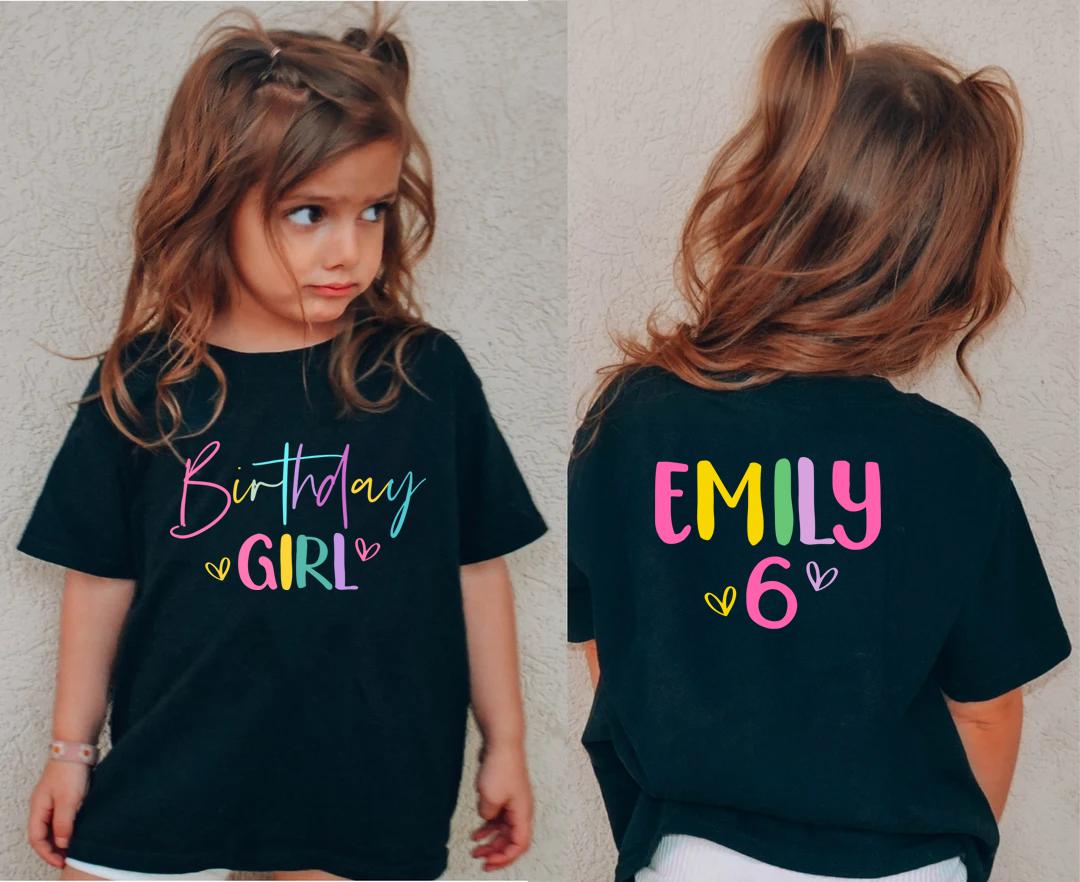 Birthday girl tshirt customised with name and number colourful kids Tshirt cotton toddler girl cute