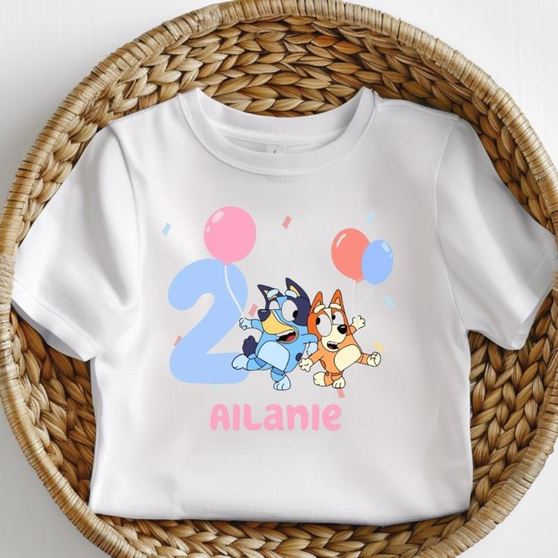 Customised personalised bingo and Bluey birthday balloons girl celebration milestone kids Tshirt cotton toddler boy cute