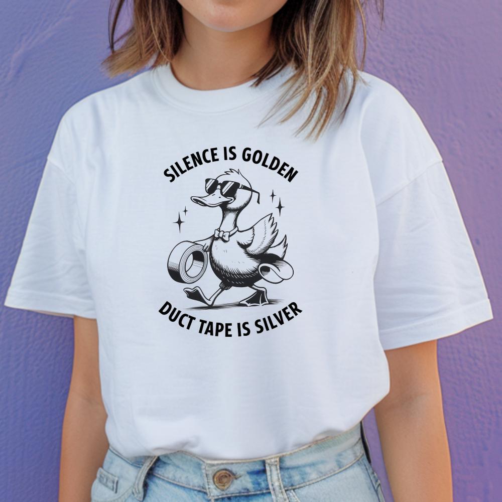 Unisex Graphic Tee - silence is golden duct tape is silver duck glasses - Gildan Heavyweight Cotton - Top T-shirt funny slogan humour oversized tshirt women's shirts