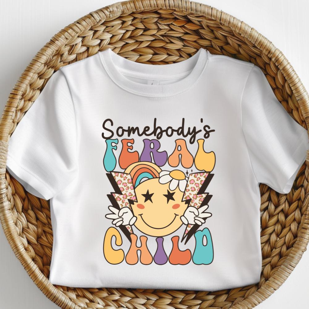 Somebodys feral child retro smily slogan funny kids tee tshirt 100% cotton toddler  outfits kids  tshirt