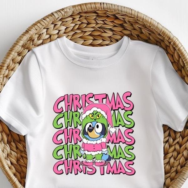 Christmas grinch x Bluey kids tee matching ones too