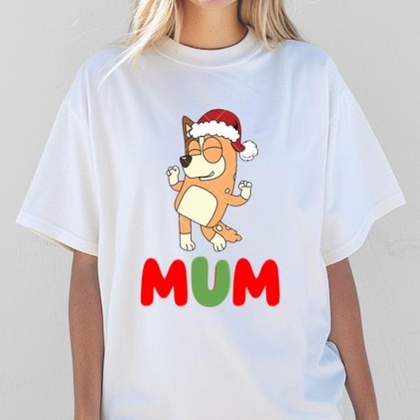 Mum bluey Christmas with hat on womenswear gift Tshirt cotton